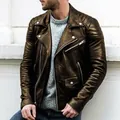 Classic brown men's motorcycle leather biker jacket featuring multiple zip pockets - Coffee / M