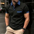 Men's premium black short sleeve polo shirt with blue contrast collar and pocket trim - Black / S