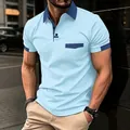 Men's light blue polo shirt featuring dark blue contrast collar and chest pocket trim - Light Blue / S