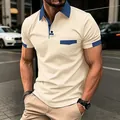 Modern business casual men's polo shirt in beige featuring blue contrast collar and pocket - Apricot / S