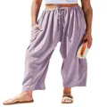 Women's casual lavender wide-leg linen trousers with elastic drawstring waist - Light Purple / 3XL