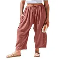 Detail showing the comfortable elastic drawstring waist and relaxed fit of rust pink linen trousers - Brick Red / 3XL