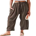 Detailed shot of brown elastic waist cotton linen cropped pants worn by a model - Dark Coffee / 3XL