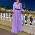 Ensemble élégant chemise violette à col en V et pantalon large à paillettes avec ceinture - S / Haut Et Bas / Violet