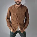 Camisa de trabajo de mezclilla marrón de manga larga vintage para hombre clásica - S / Tops / Caqui