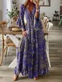 Elegant bohemian paisley print maxi dress featuring stylish bell sleeves and V-neckline - S / Top And Bottom / Purple