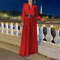Ensemble chic chemise rouge col en V et pantalon large à paillettes pour femmes élégantes - S / Haut Et Bas / Rouge