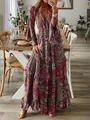 Detailed view of a Bohemian floral maxi dress featuring flared sleeves and V-neck. - S / Top And Bottom / Red