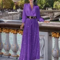 Élégant ensemble chemise violette à manches longues et pantalon large à paillettes. - S / Haut Et Bas / Violet foncé