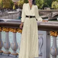 Ensemble élégant composé d'une chemise manches longues col V et d'un pantalon à paillettes - S / Haut Et Bas / Beige