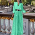 Élégante chemise vert menthe à col en V et pantalon large à paillettes assorti - S / Haut Et Bas / Cyan avec Ceinture