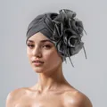 Elegant gray floral turban for women, breathable and elastic headwrap for chemo patients - One Size / Gray