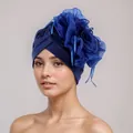 Elegant blue turban hat with a large decorative organza flower and delicate ribbons. - One Size / Blue