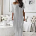 Comfortable grey short-sleeve maxi dress with pockets shown in a cozy home environment - S / Tops / Light Gray