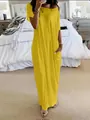 Loose bright yellow short-sleeve maxi dress with functional pockets for summer casual style - S / Tops / Yellow