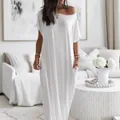 Abito lungo casual bianco con spalle scoperte, tasche e vestibilità ampia - S / Tops / Bianco