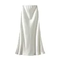 Elegante gonna midi in raso bianco a sirena con trama fluida a vita alta plissé. - M / Bottoms / Bianco