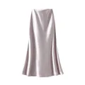 Elegante gonna midi a sirena in raso malva con tessuto lucido e silhouette a trapezio. - M / Bottoms / Viola Chiaro