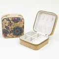 Exotic floral patterned jewelry organizer box with faux cork texture and ring slots - Single Layer / Vintage Petals