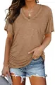 Casual loose fit cotton V-neck t-shirt in khaki shown on model with denim shorts - S / Tops / Khaki
