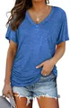 Close-up detail of blue V-neck cotton T-shirt featuring ruched sides and casual loose fit - S / Tops / Blue