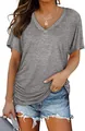 Elegante camiseta informal de algodón gris con cuello en V para mujer en estilo suelto - S / Tops / Gris
