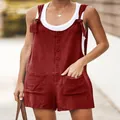 Tuta casual in cotone e lino bordeaux con bretelle annodate e grandi tasche applicate - 4XL / Rompers / Rosso