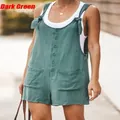 Dark green sleeveless cotton linen romper with front buttons and tie straps - 4XL / Rompers / Dark Green