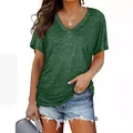 Camiseta de algodón de manga corta con cuello en V para mujer en verde oscuro para el verano - S / Tops / Verde