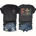 Lässiges dunkelgraues Damen-T-Shirt mit Faith-Aufdruck und Kreuzdesign auf der Rückseite - S / Tops / Dunkelgrau