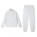 Close-up detail of a gray two-piece tracksuit featuring a half-zip pullover and joggers - S / Top And Bottom / Grayish White