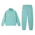 Detail view of turquoise two-piece sweatshirt and jogger set with quarter-zip - S / Top And Bottom / Malachite green