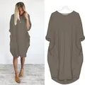 Lässiges, lockeres Langarmkleid für Damen mit Taschen in Übergröße - S / Khaki