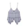 Detail view of elegant lavender V-neck camisole with lace trim and tiered ruffled hem - XS / Tops / Sapphire Blue