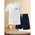 Modisches Herren-Sommer-Set aus weißem T-Shirt und dunkelblauen Shorts mit Paris-Buchstabendruck - S / Oberteil Und Unterteil / Weiß/Dunkelblau
