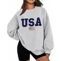 Oversized grey crewneck sweatshirt featuring a navy USA and American flag print - S / Tops / Gray