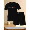 Herren Sommer Freizeit-Set in Schwarz mit T-Shirt und Shorts und Paris-Schriftzug - S / Oberteil Und Unterteil / Schwarz/Schwarz