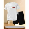 Sommerliches Freizeitset für Herren mit weißem Paris-Print T-Shirt und schwarzen Shorts - S / Oberteil Und Unterteil / Weiß/Schwarz