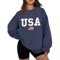 Sweat-shirt oversize bleu marine à col rond avec texte USA et drapeau pour femme - S / Hauts / Bleu marine