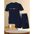 Navy blue men's 2025 summer casual set with Paris letter print T-shirt and shorts - S / Top And Bottom / Navy Blue/Navy Blue