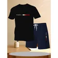 Men's summer casual two-piece set with Paris letter print in black and navy - S / Top And Bottom / Black/Dark Blue