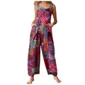 Tuta intera da donna in stile etnico con stampa patchwork, spalline a bottone e tasche - Rosso / S