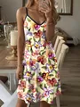 Vestido playero casual de tirantes con estampado vibrante de orquídeas - Amarillo / S