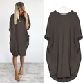 Robe décontractée ample grande taille gris foncé avec manches longues et poches femmes - S / Bottoms / Café