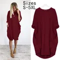 Robe ample bordeaux à manches longues avec grandes poches, style décontracté grande taille S-5XL. - S / Hauts / Bordeaux