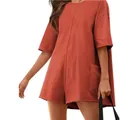 Komfortabler lässiger lockerer Kurzarm-Jumpsuit mit Tasche in Rostorange für den Sommer - XS / Oberteil Und Unterteil / Orangerot