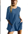 Damen Sommer Kurzarm locker lässiger Jumpsuit mit Taschen in Schieferblau Farbe - XS / Oberteil Und Unterteil / Denim-Blau
