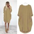 Robe décontractée ample à manches longues avec poches pour femmes en jaune moutarde chic - S / Haut Et Bas / Kaki foncé