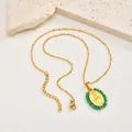 Vintage gold plated stainless steel necklace featuring green beaded oval Virgin Mary pendant - Green Style-With Chain (PN-2158G02)