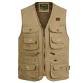 Gilet d'extérieur en coton kaki avec 12 poches et doublure double couche pour homme - XL / Hauts / Khaki (Sans Polaire)